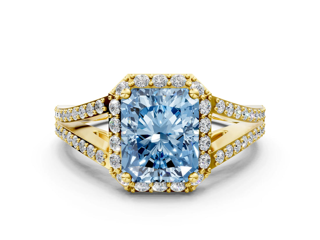 Yellow gold Fancy Blue Radiant  Halo Split Shank Pave Diamond Ring with Four-Prong Setting_49