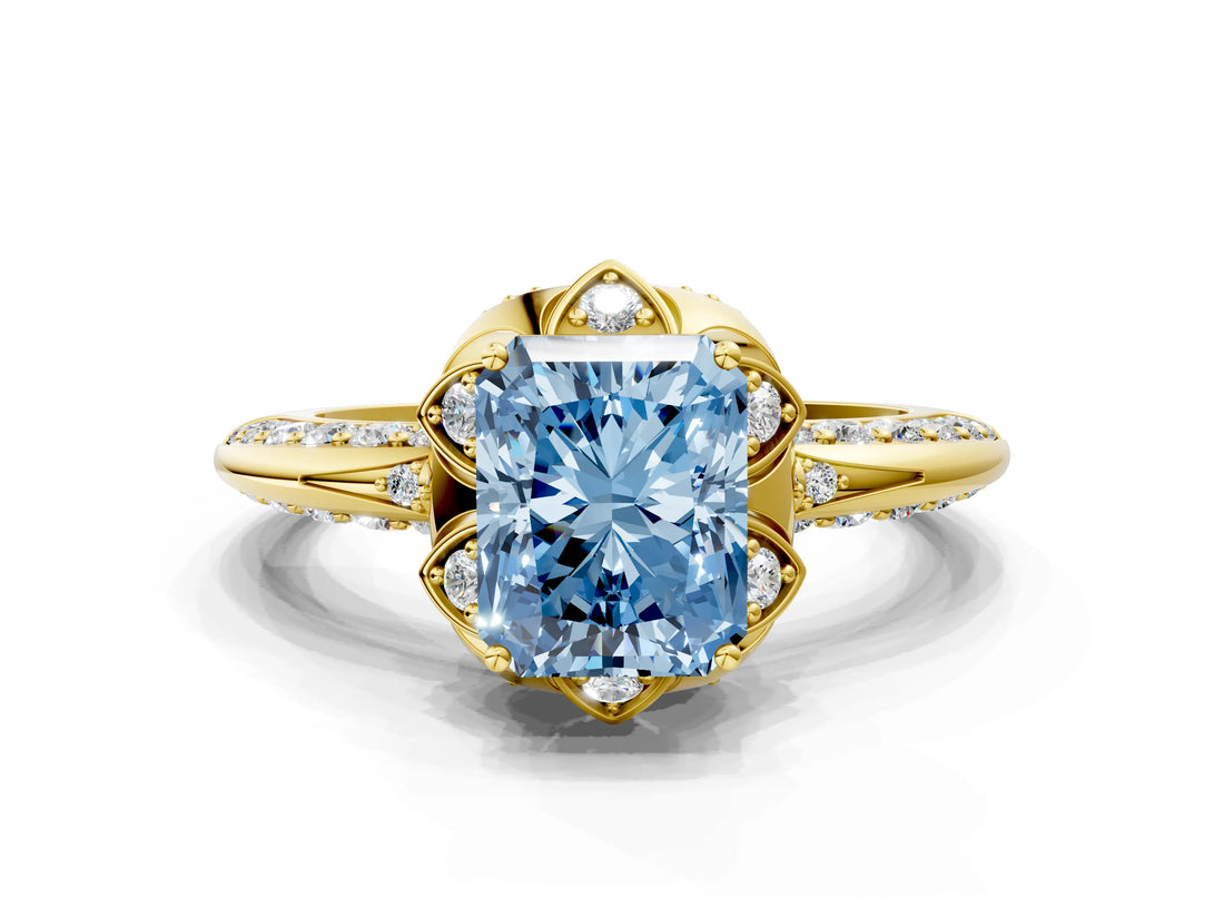 Yellow gold Fancy Blue Radiant  Halo Split Shank Pave Diamond Ring with Petal Prong Setting_23
