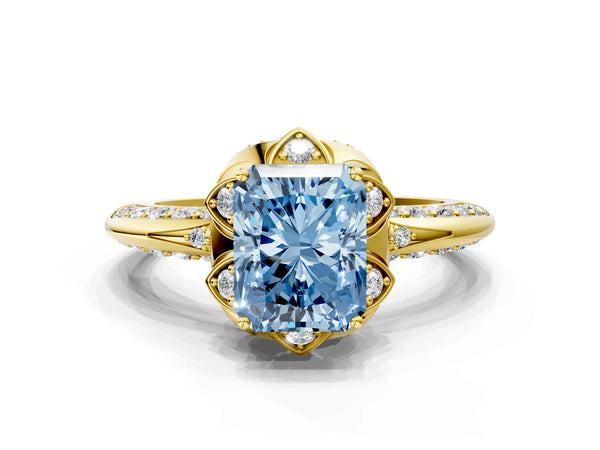 Yellow Gold Radiant Cut Petal Head Floral Halo Engagement Ring Setting for Fancy Blue Center