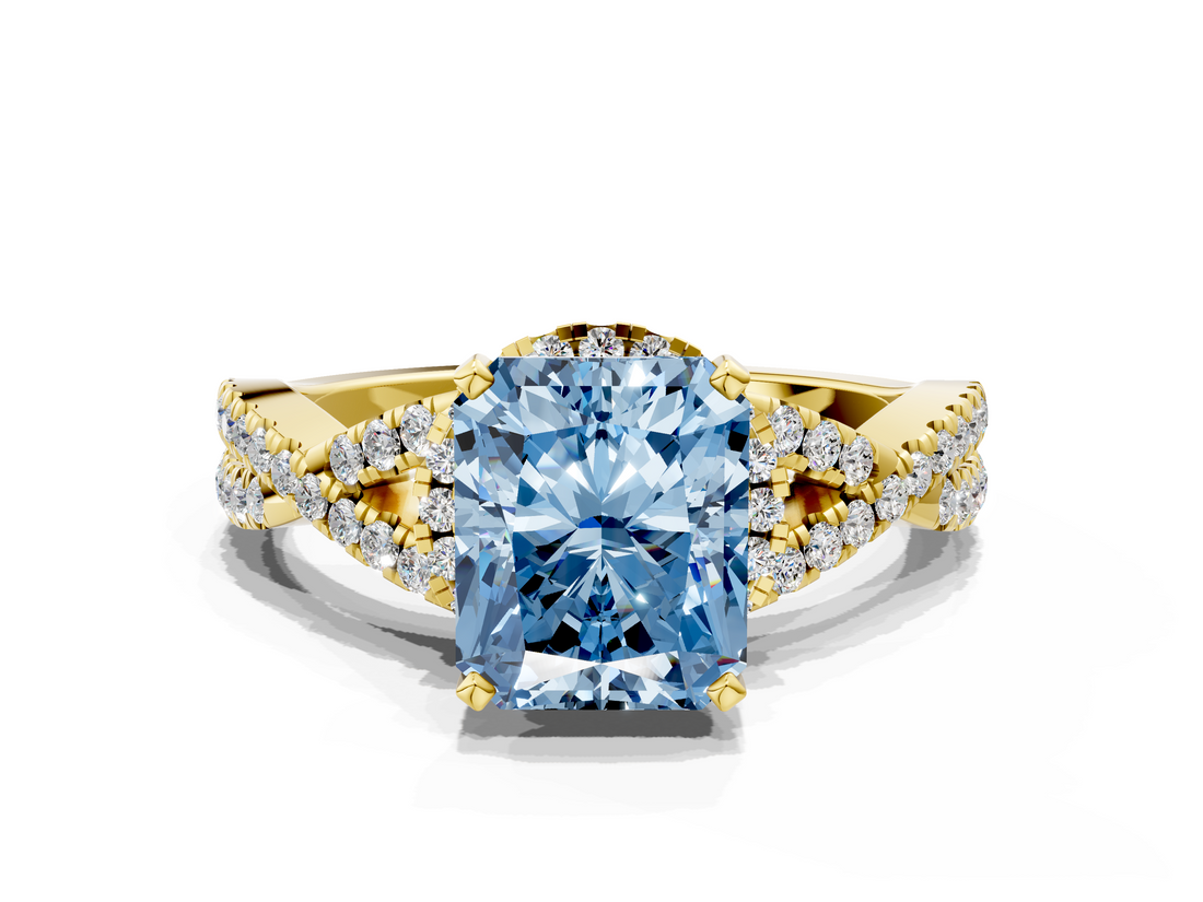 Yellow gold Fancy Blue Radiant  Halo Twist Band Solitaire Prong Setting Ring_88