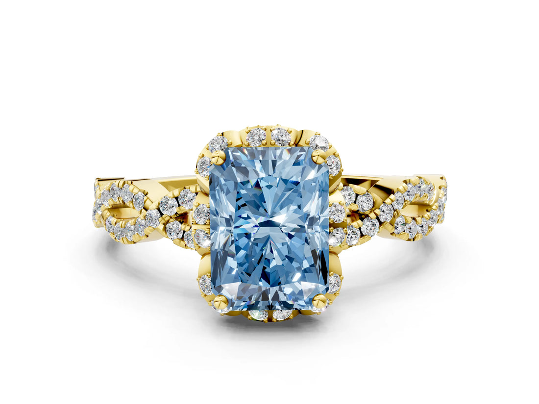 Yellow gold Fancy Blue Radiant  Halo Twist Band Solitaire Ring with Six-Prong Setting_3