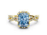Yellow gold Fancy Blue Radiant  Halo Twist Band Solitaire Ring with Six-Prong Setting_3