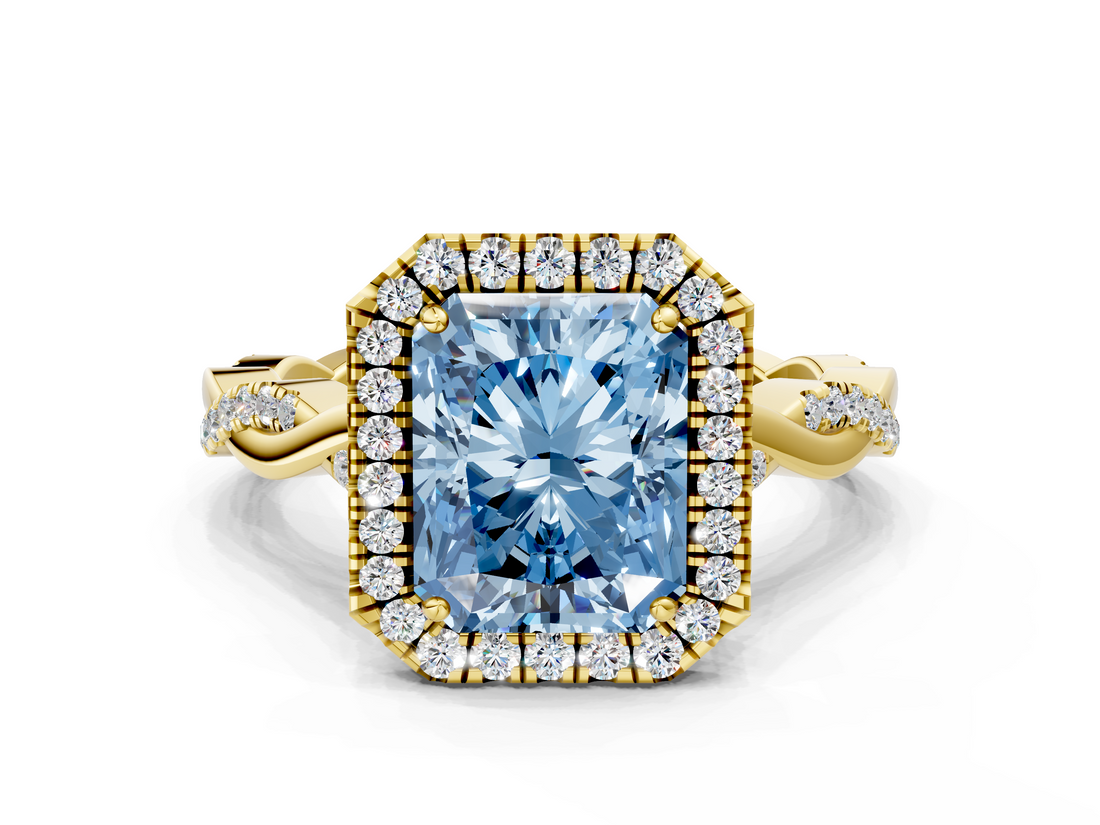 Yellow gold Fancy Blue Radiant  Halo Twist Band Solitaire Ring_20