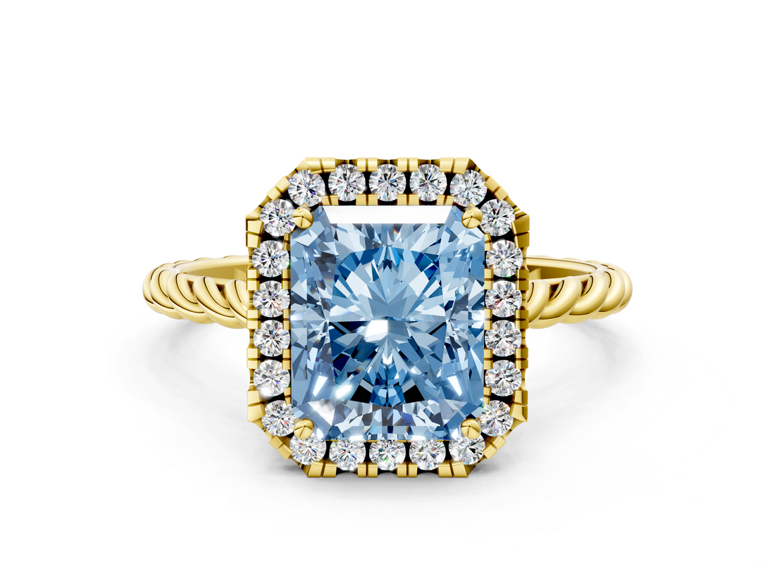 Yellow gold Fancy Blue Radiant  Halo Twisted Band Four-Prong Diamond Ring_20
