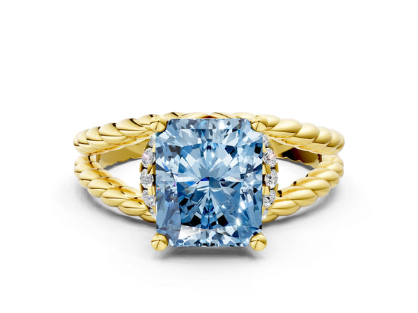 Yellow gold Fancy Blue Radiant  Halo Twisted Band Four-Prong Ring