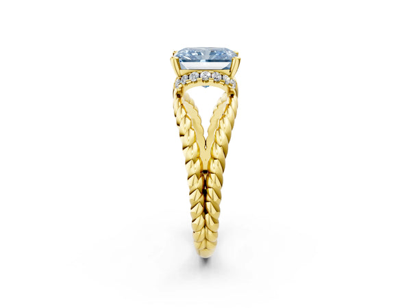 Yellow gold Fancy Blue Radiant  Halo Twisted Band Four-Prong Ring