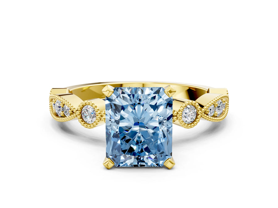 Yellow gold Fancy Blue Radiant  Milgrain Bezel Diamond Engagement Ring with Solitaire Prong Setting
