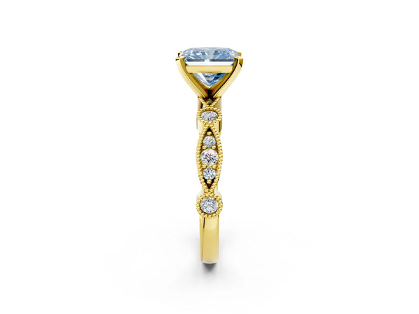 Yellow gold Fancy Blue Radiant  Milgrain Bezel Diamond Engagement Ring with Solitaire Prong Setting