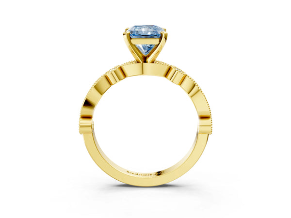 Yellow gold Fancy Blue Radiant  Milgrain Bezel Diamond Engagement Ring with Solitaire Prong Setting