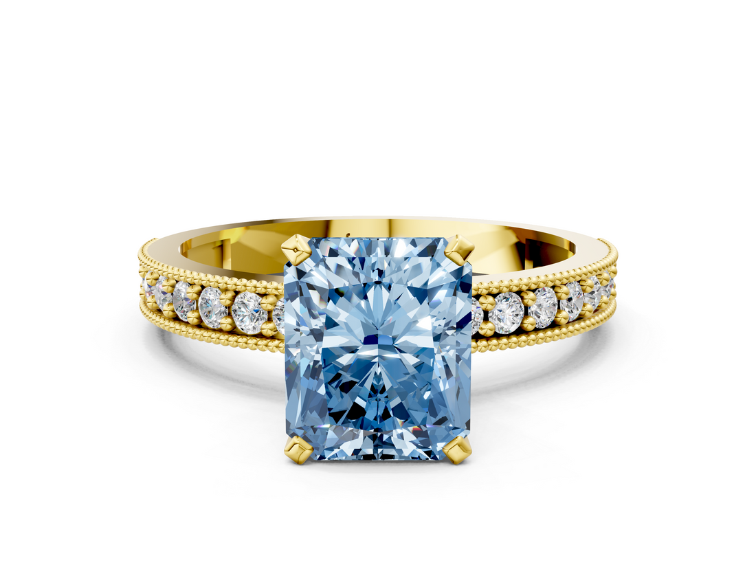 Yellow gold Fancy Blue Radiant  Milgrain Pave Diamond Engagement Ring with Four-Prong Setting_130