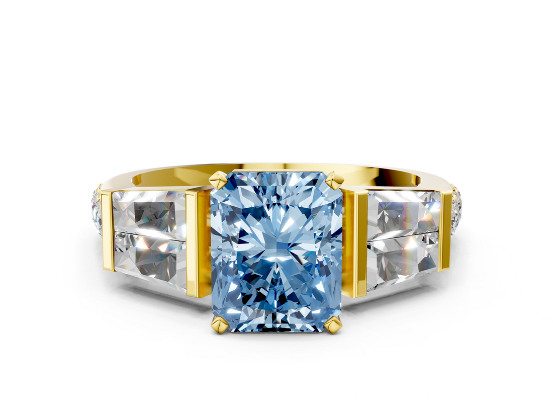Yellow gold Fancy Blue Radiant  Solitaire Baguette Side Stone Channel Set Engagement Ring_3