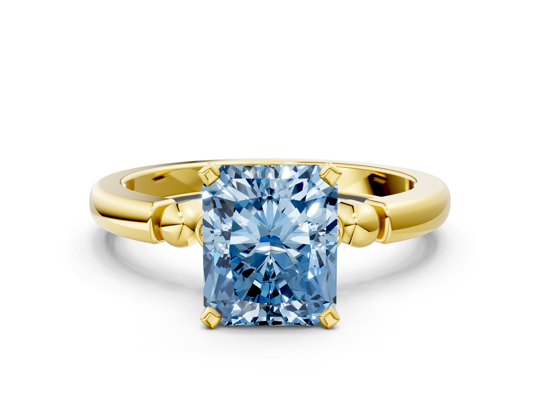 Yellow gold Fancy Blue Radiant  Solitaire Beaded Band with Four-Prong Setting_30