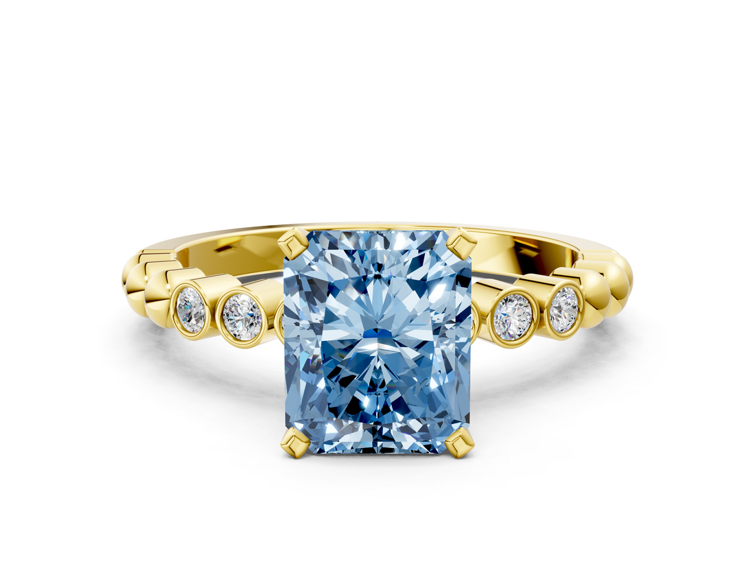 Yellow gold Fancy Blue Radiant  Solitaire Bezel Accent Diamond Engagement Ring with Beaded Band and Four-Prong Setting_24
