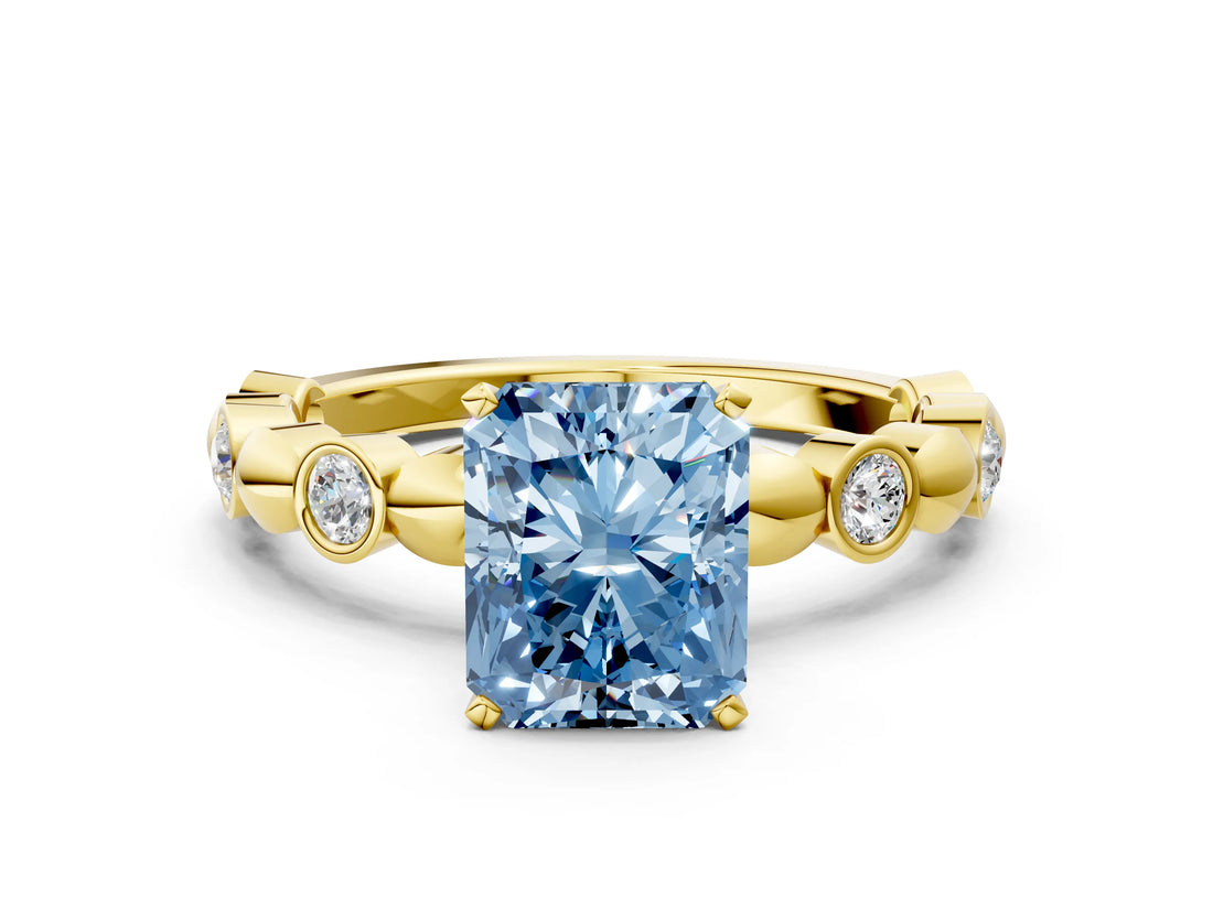 Yellow gold Fancy Blue Radiant  Solitaire Bezel-Set Diamond Ring with Beaded Band and Four-Prong Setting_32