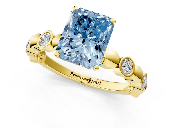 Yellow Gold Radiant Cut Engagement Ring Setting for Fancy Blue Center with Bezel Station Beaded Band