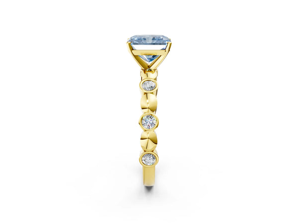 Yellow Gold Radiant Cut Engagement Ring Setting for Fancy Blue Center with Bezel Station Beaded Band