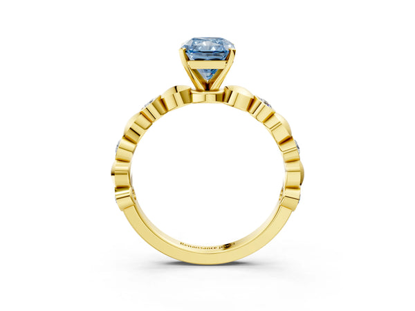 Yellow Gold Radiant Cut Engagement Ring Setting for Fancy Blue Center with Bezel Station Beaded Band