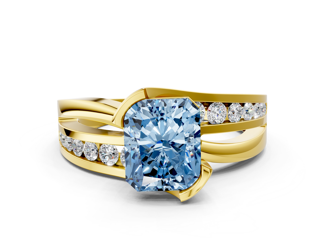 Yellow gold Fancy Blue Radiant  Solitaire Channel-Set Split Shank Ring with Tension Prong Setting_3