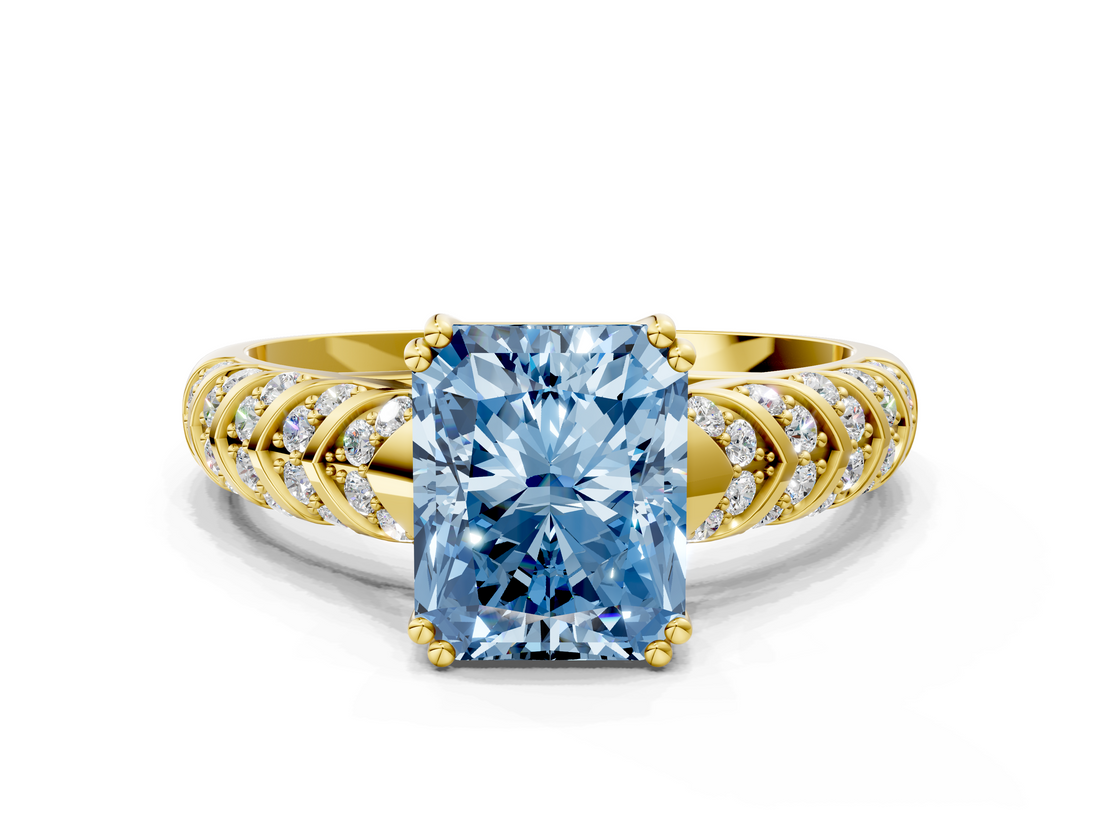 Yellow gold Fancy Blue Radiant  Solitaire Chevron Pave Diamond Engagement Ring with Six-Prong Setting_3