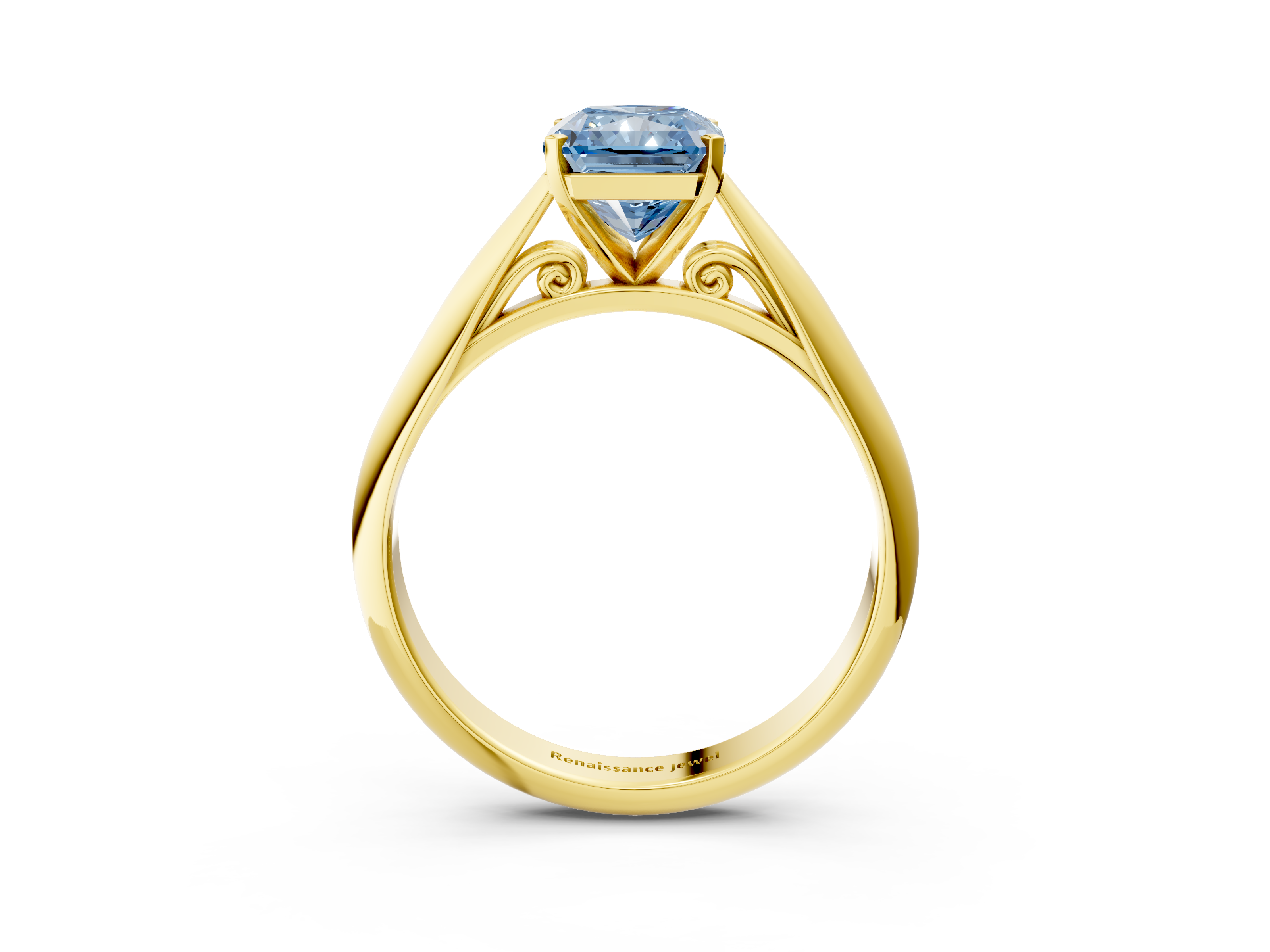 Yellow gold Fancy Blue Radiant  Solitaire Diamond Engagement Ring with Cathedral Setting and Four-Prong Mount on a Classic Band_80