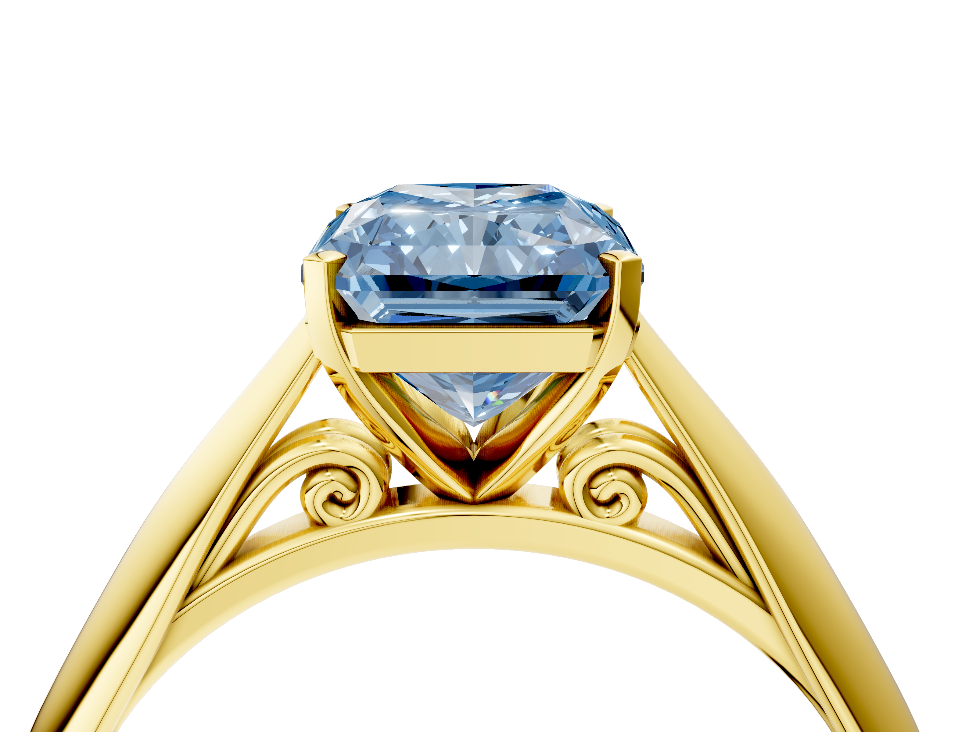 Yellow gold Fancy Blue Radiant  Solitaire Diamond Engagement Ring with Cathedral Setting and Four-Prong Mount on a Classic Band_81
