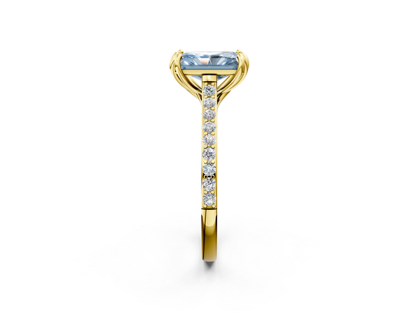 Yellow gold Fancy Blue Radiant  Solitaire Diamond Engagement Ring with Pave Band and Six-Prong Setting