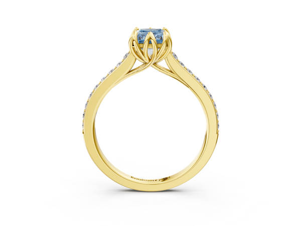 Yellow gold Fancy Blue Radiant  Solitaire Diamond Engagement Ring with Pave Band and Six-Prong Setting