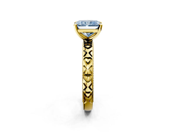 Yellow gold Fancy Blue Radiant  Solitaire Diamond Engagement Ring with XO Engraved Band and Four-Prong Setting