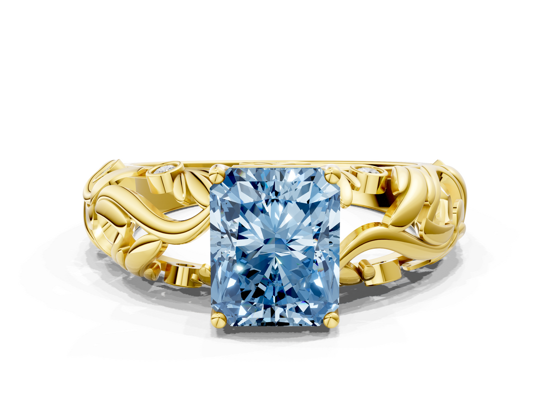 Yellow gold Fancy Blue Radiant  Solitaire Diamond Leaf Vine Band with Prong Setting_48