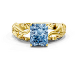 Yellow gold Fancy Blue Radiant  Solitaire Diamond Leaf Vine Band with Prong Setting_48