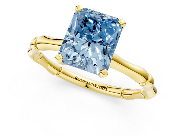 Yellow gold Fancy Blue Radiant  Solitaire Diamond Ring with Bamboo Band and Four-Prong Setting