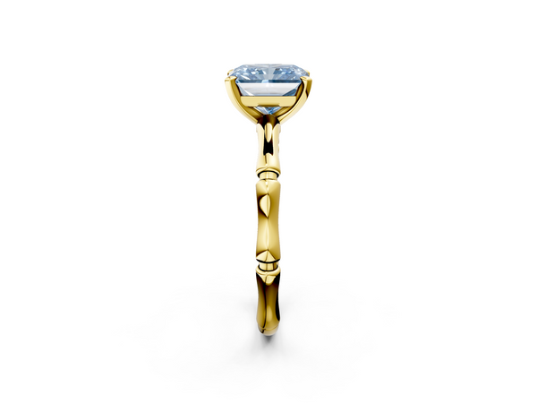 Yellow gold Fancy Blue Radiant  Solitaire Diamond Ring with Bamboo Band and Four-Prong Setting
