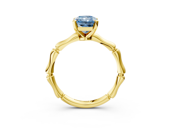 Yellow gold Fancy Blue Radiant  Solitaire Diamond Ring with Bamboo Band and Four-Prong Setting