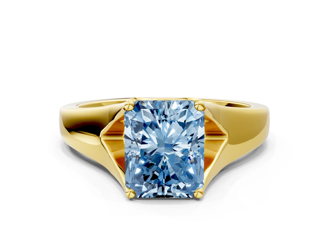 Yellow gold Fancy Blue Radiant  Solitaire Diamond Ring with Cathedral Band and Four-Prong Setting_65