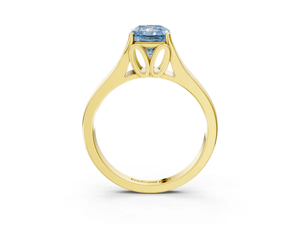 Yellow Gold Radiant Cut Cathedral Solitaire Engagement Ring Setting for Fancy Blue Center with Split Shoulders