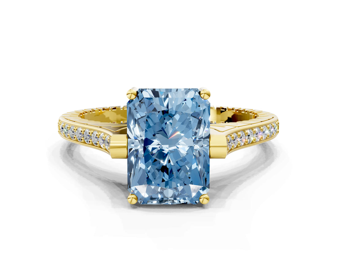 Yellow gold Fancy Blue Radiant  Solitaire Diamond Ring with Channel Set Band and Bezel Prong Setting_57