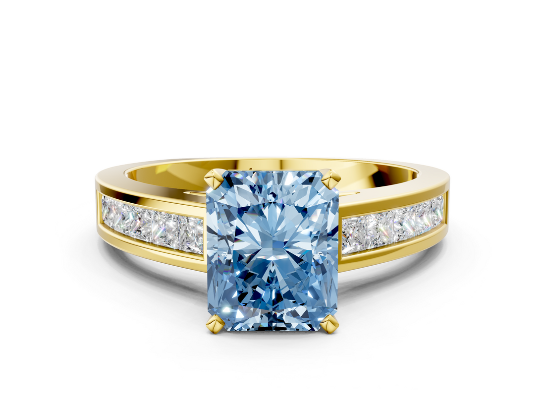 Yellow gold Fancy Blue Radiant  Solitaire Diamond Ring with Channel-Set Band and Four-Prong Setting_3