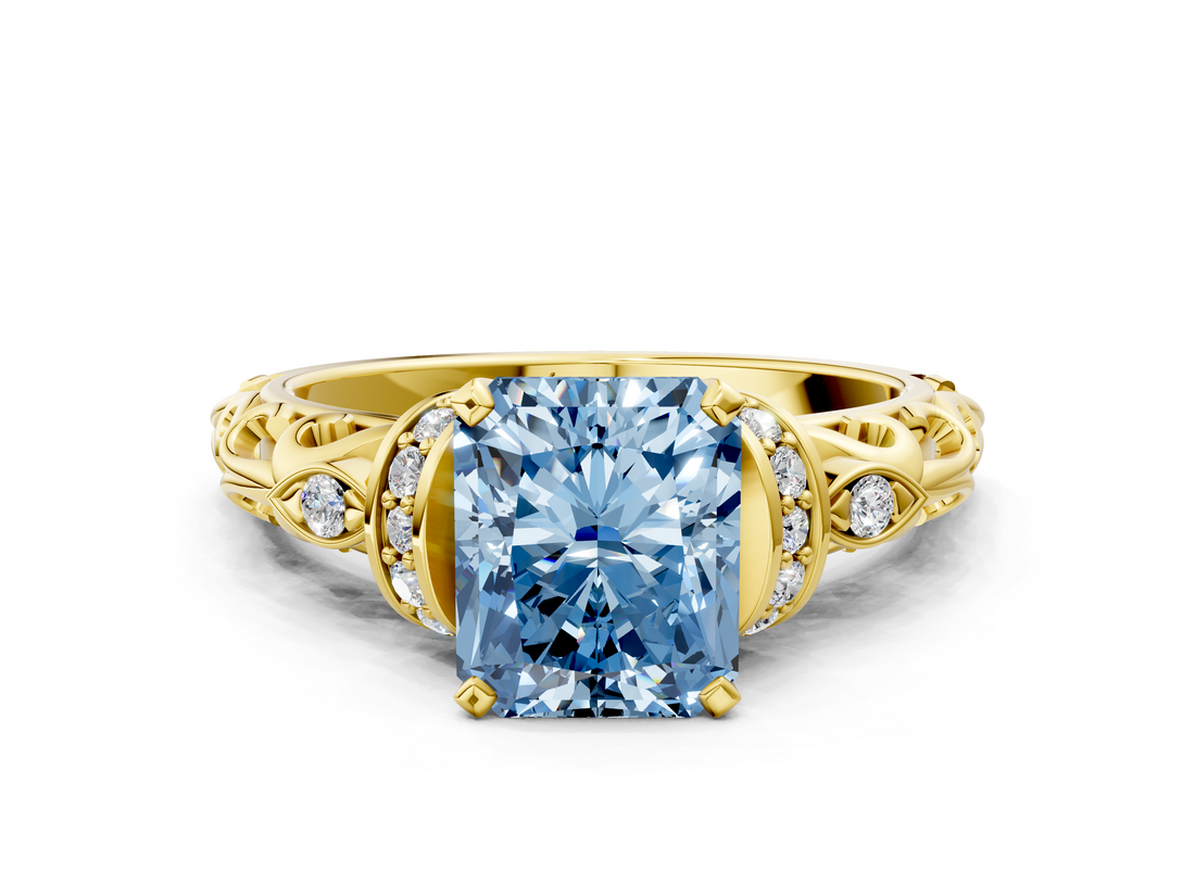 Yellow gold Fancy Blue Radiant  Solitaire Diamond Ring with Filigree Band and Four-Prong Setting_42