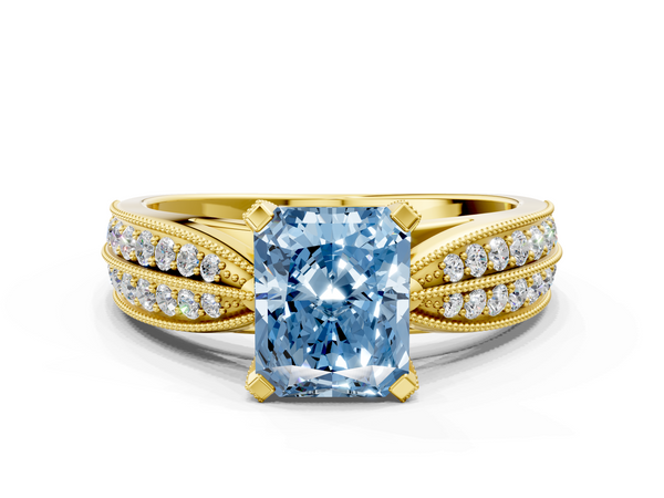 Yellow gold Fancy Blue Radiant  Solitaire Diamond Ring with Milgrain Pavé Band and Four-Prong Setting