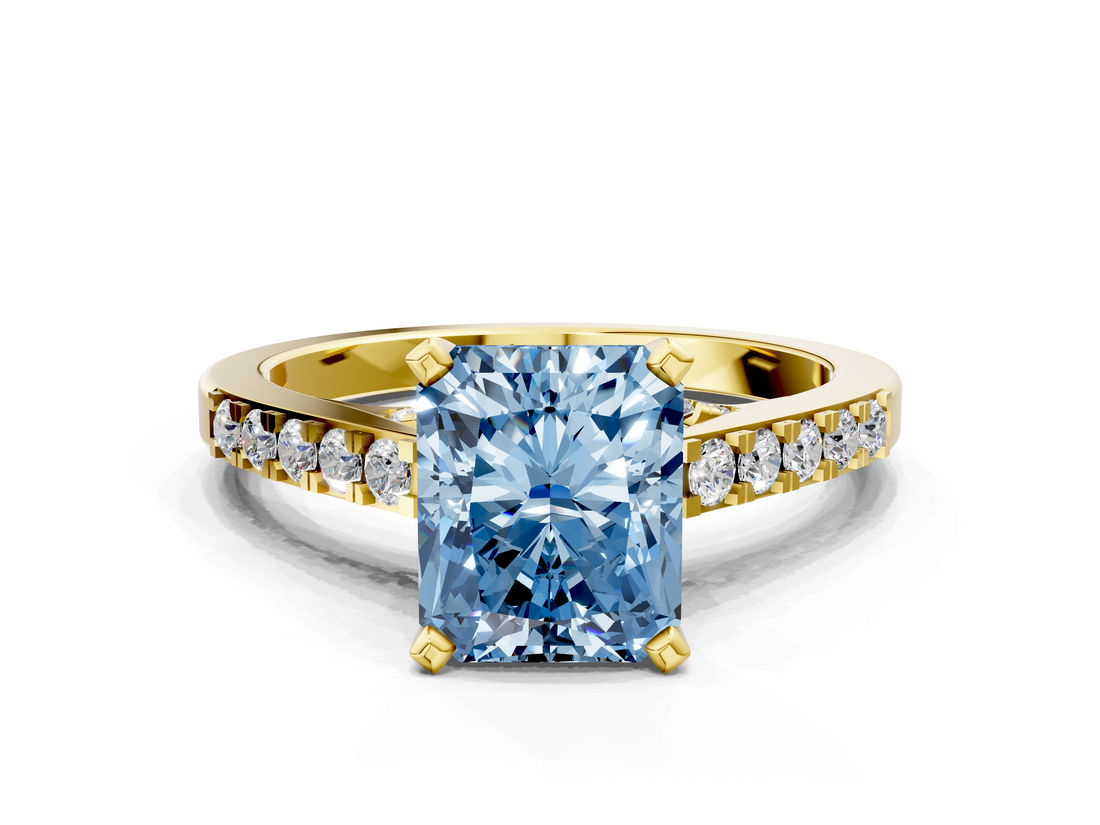 Yellow gold Fancy Blue Radiant  Solitaire Diamond Ring with Pavé Band and Four-Prong Setting_62