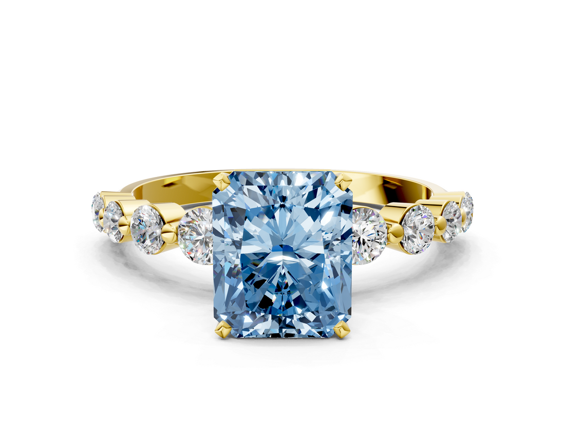 Yellow gold Fancy Blue Radiant  Solitaire Diamond Ring with Pave Band and Four-Prong Setting_179