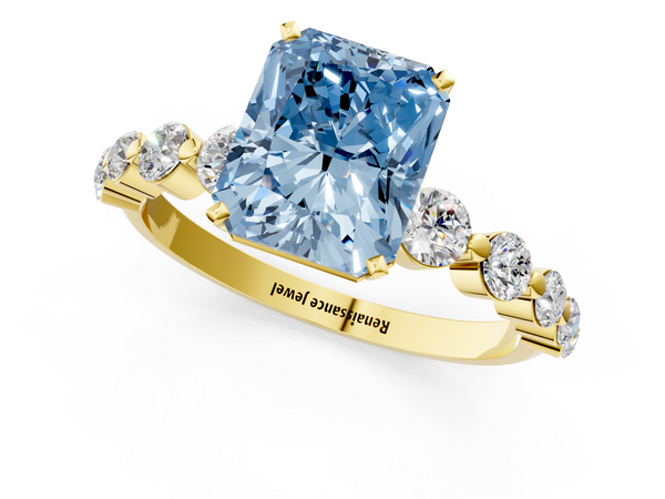 Yellow gold Fancy Blue Radiant Cut Solitaire Diamond Ring with Pave Band and Four-Prong Setting