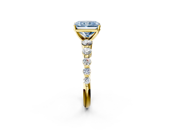 Yellow gold Fancy Blue Radiant Cut Solitaire Diamond Ring with Pave Band and Four-Prong Setting