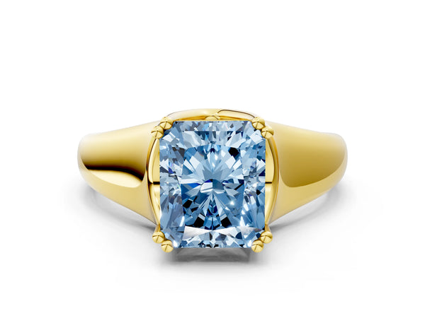 Yellow gold Fancy Blue Radiant Cut Diamond Solitaire Ring with Wide Band and Prong Setting