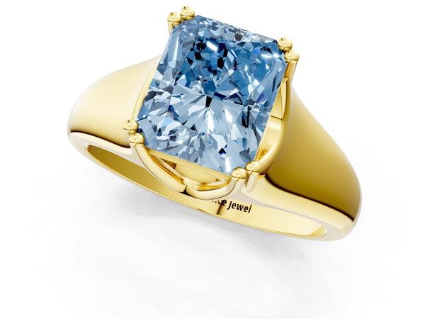 Yellow gold Fancy Blue Radiant Cut Diamond Solitaire Ring with Wide Band and Prong Setting