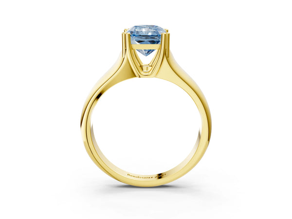 Yellow gold Fancy Blue Radiant Cut Diamond Solitaire Ring with Wide Band and Prong Setting