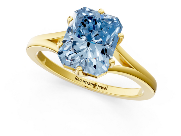 Yellow gold Fancy Blue Radiant  Solitaire Diamond Ring with Six-Prong Setting and Tapered Band