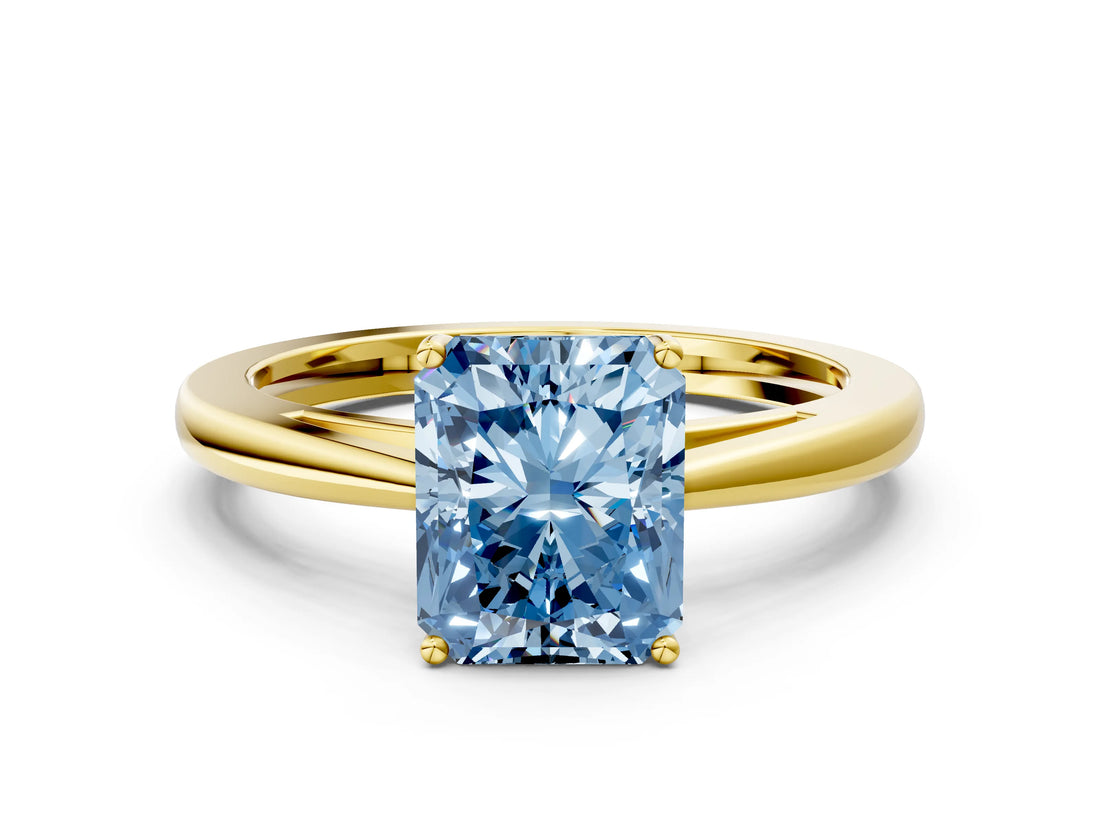 Yellow gold Fancy Blue Radiant  Solitaire Diamond Ring with Split Shank and Four-Prong Setting_12