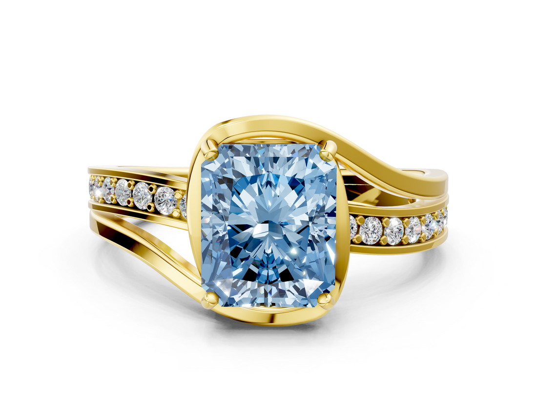 Yellow gold Fancy Blue Radiant  Solitaire Diamond Ring with Split Shank and Prong Setting_59