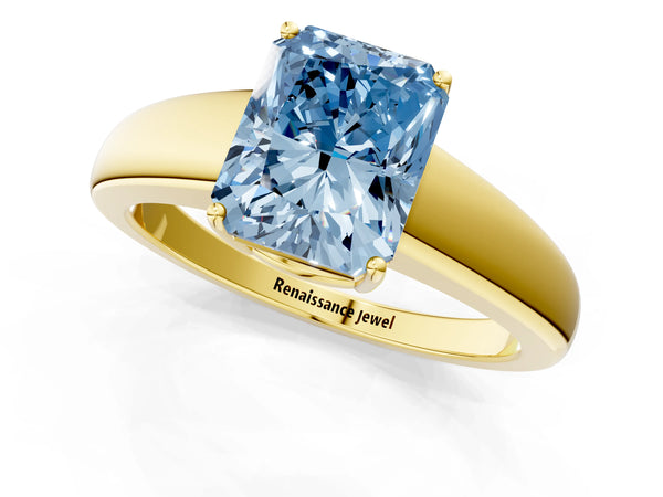 Yellow gold Fancy Blue Radiant  Solitaire Diamond Ring with Tapered Band and Four-Prong Setting